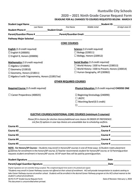 Fillable Online Ninth Grade Course Request Form 2020-2021. HCS Course ...