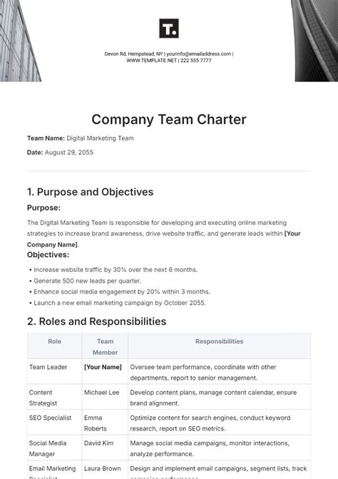 Free Sample Company Team Charter Template to Edit Online