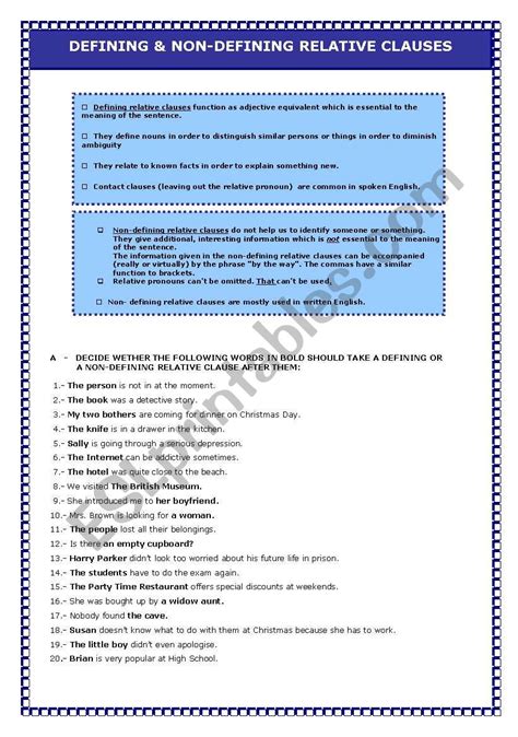 Defining and Non Defining Relative Clauses Worksheet 的图像结果