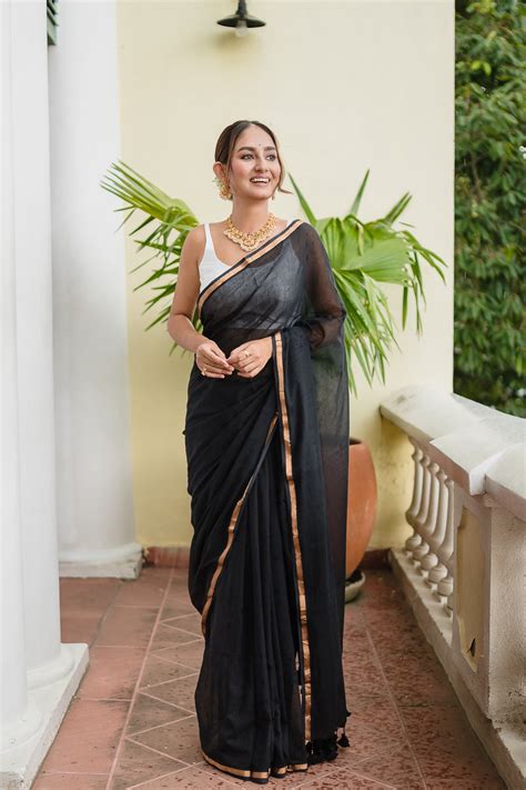 Buy Black Golden Mulmul Cotton Saree Online – RODDUR