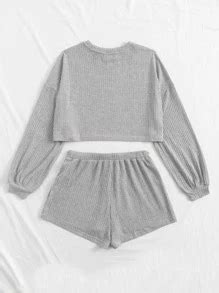 SHEIN EZwear Drop Shoulder Rib-knit Tee and Drawstring Waist Shorts Set ...