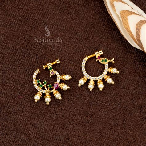 One gram Gold Plated Peacock Nosepins with AD Stones & Pearls- Sasitrends