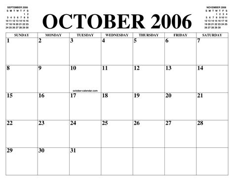 OCTOBER 2006 CALENDAR OF THE MONTH: FREE PRINTABLE OCTOBER CALENDAR OF ...