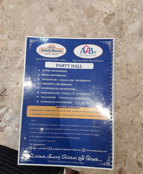 Menu at Adyar Ananda Bhavan - A2B, Tiruppur, No 375A