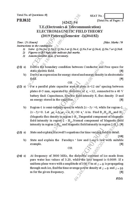 T.E. (Electronics Telecommunication) EM Field Theory Exam Notes (2019 ...
