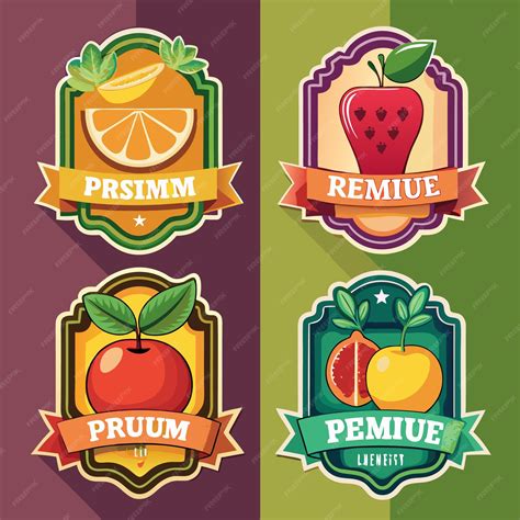 Four colorful labels with a single fruit each with a different color ...