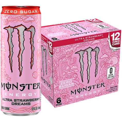 Monster Ultra Zero Sugar, Strawberry Dreams Energy Drink, 12 fl oz, 6 ...
