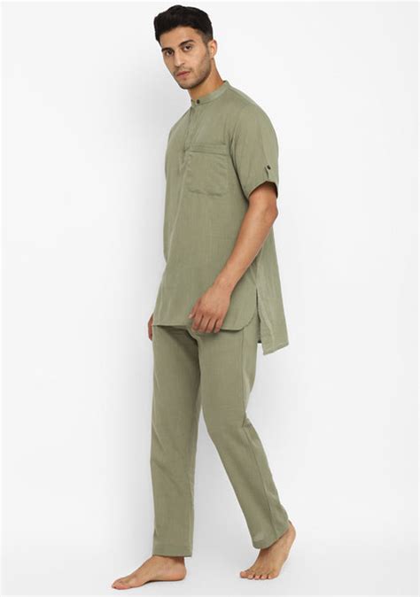 uNidraa | Olive Green Cotton Short Sleeves Shirt And Pyjamas For Men