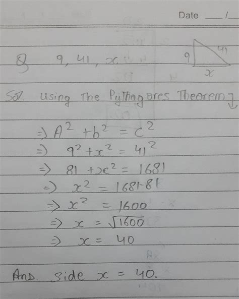 pythagoras theorem triangle sides 9 41 and x - Brainly.in