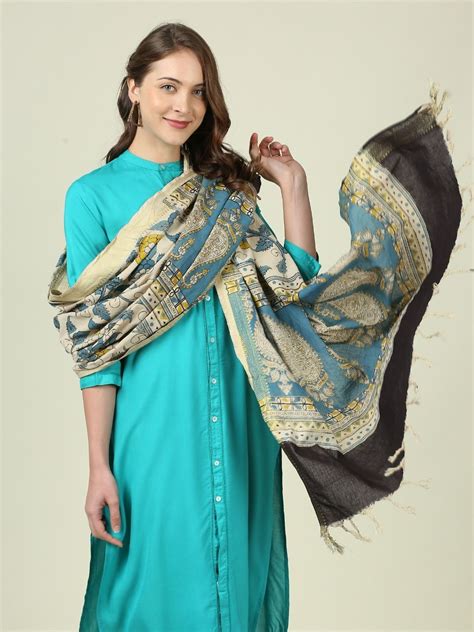 Kalamkari Mangalgiri Blue & Mustard Cotton Dupatta – Dupatta Bazaar