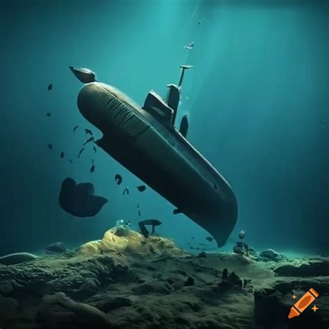 Illustration of a sinking submarine in a spooky halloween scene on Craiyon