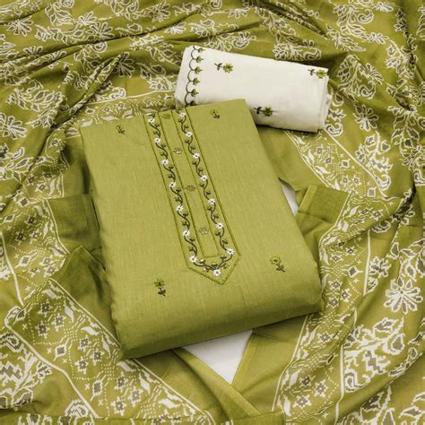 Green Floral Embroidered Pure Cotton Dress Material