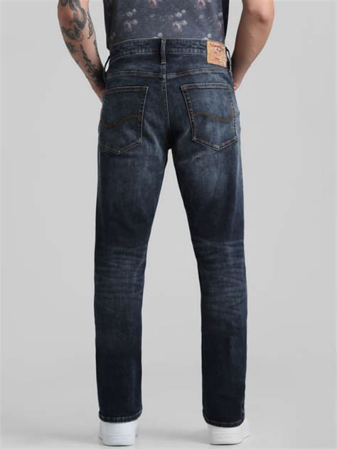 Dark Blue Mid Rise Distressed Regular Fit Jeans