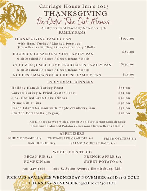 Thanksgiving Take Out Menus - The Carriage House Inn