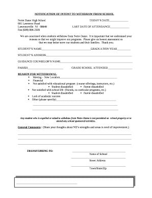 NOTIFICATION OF INTENT TO WITHDRAW FROM SCHOOL Doc Template | pdfFiller