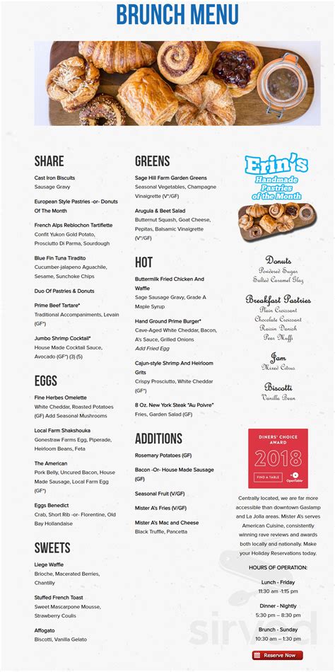 Mister A's menu in San Diego, California, USA