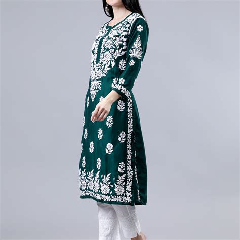 Seva Chikan Hand Embroidered Dark Green Muslin Lucknowi Chikankari Kur