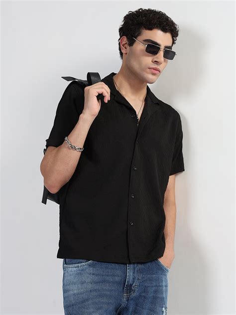 Buy Men's Textured Black Cuban Collar Relaxed Fit Shirt | Showoffff