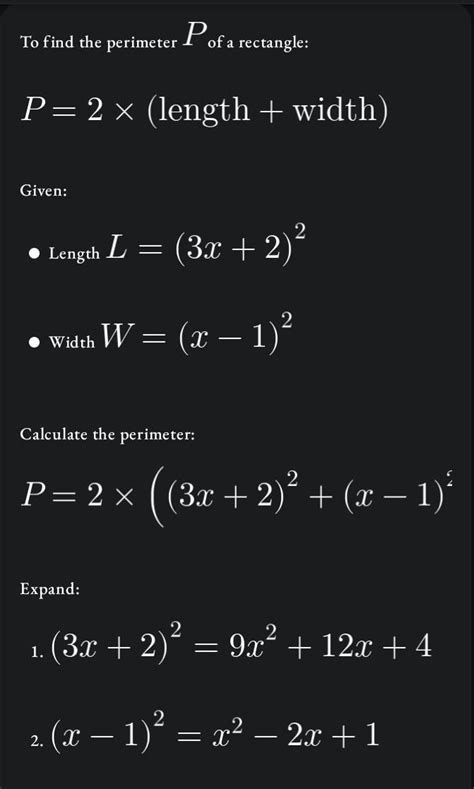 A rectangle has a length of (3x+2)(3x+2) units and a width of (x-1)(x-1 ...
