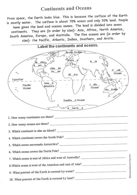 Free Printable Worksheets on Continents and Oceans