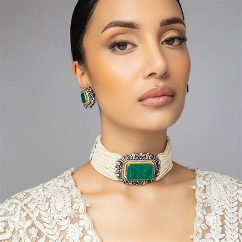 Elyanna- Green Doublet Stone & Pearl Choker Set – Anayah Jewellery India
