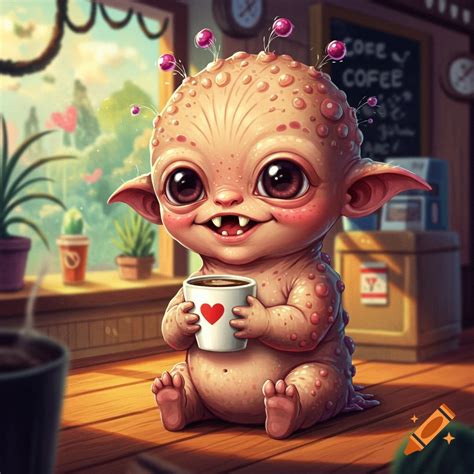 Cute fantasy creature sitting in a teacup next to a teapot and coffee ...