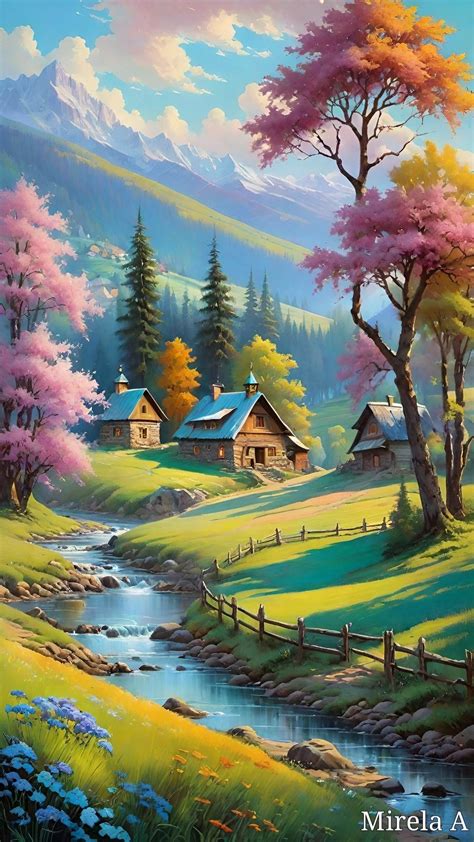 Rural Landscape Painting with Trees and River