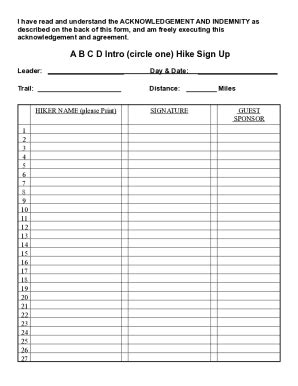 Fillable Online Hiking sign up sheet Fax Email Print - pdfFiller