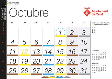 Calendari recollida porta a porta - Octubre 2021 - Porta a porta calaf