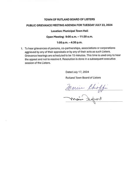 Listers Notice for Grievance Hearings 7-23-2024 – The Town of Rutland ...