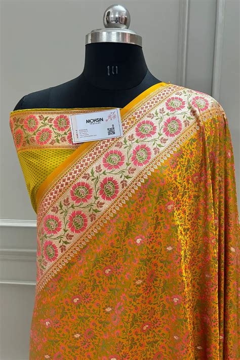 Mustard and Orange Jungli Jaal Katan Silk Banarasi Saree – Mohsin Textiles