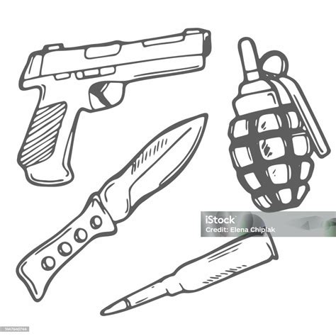 Hand Drawn Weapons Doodle Set In Vector Hand Grenade Gun Army Knife And ...
