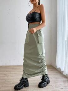 SHEIN EZwear Drawstring Side Flap Pockets Paper Bag Waist Cargo Skirt ...