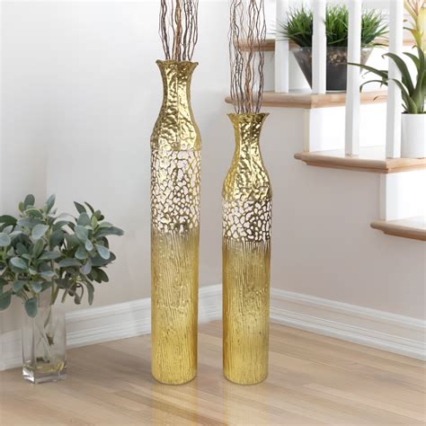 Rosdorf Park Krail 2 Piece Gold Tall Floor Vase Set, Metal Large Medium ...