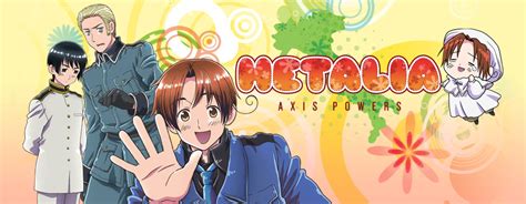Official art for Hetalia: Axis Powers featuring the characters representing Japan, Germany and Italy including a smaller drawing of Italy in "chibi" form where he's usually referred to as "Chibitalia" .