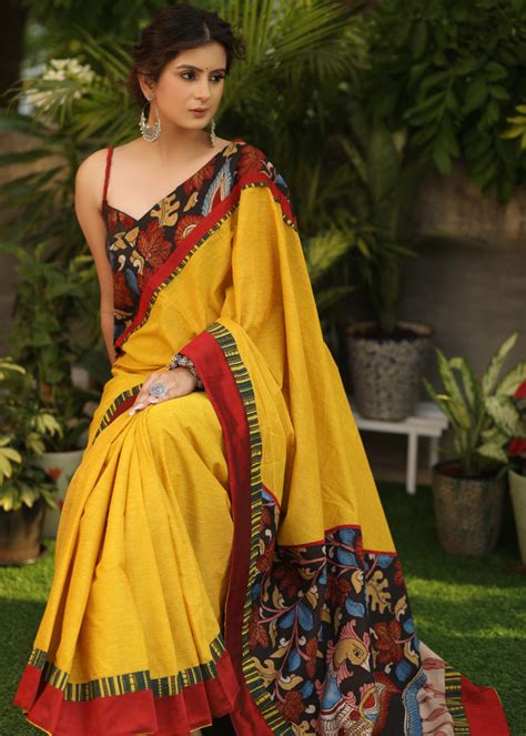 Surreal yellow Cotton saree with Handcrafted Kalamkari Pallu and borde ...