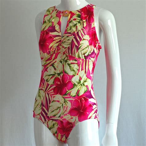 Jantzen Classics Pink Floral One Piece Swim Suit With Gold Accents ...
