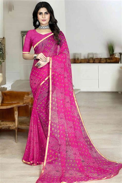 Rani Pink Bandhani Printed Chiffon Saree With Lace Border