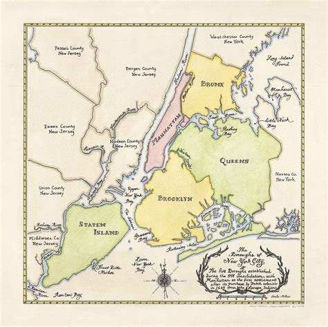 Boroughs of New York City Map, Five Boroughs Map Print, New York ...