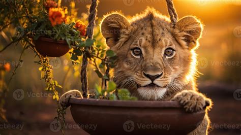 A playful lion cub peeks from a hanging flower pot during sunset ...
