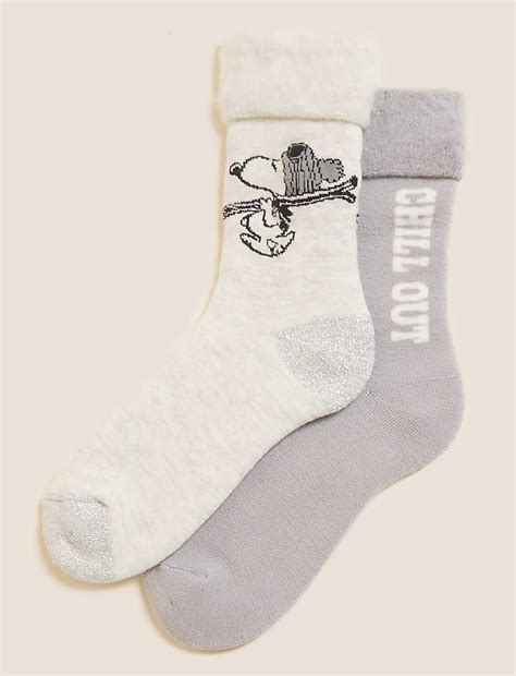 Buy 2pk Snoopy™ Cosy Ankle High Socks at Marks & Spencer