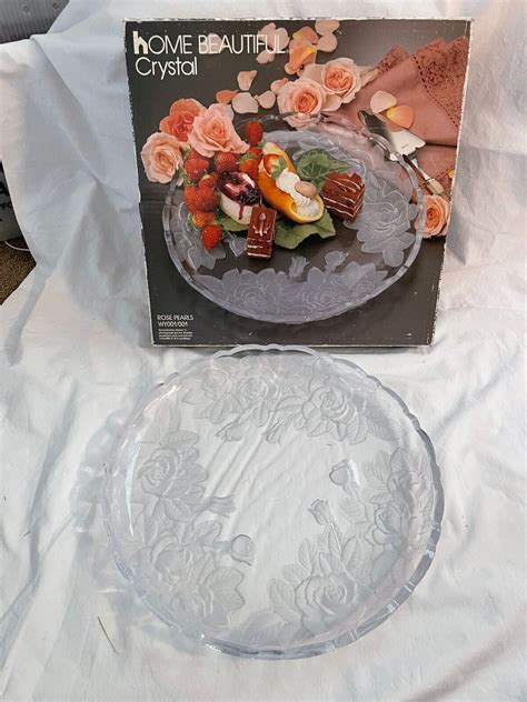 Home Beautiful Crystal 14" Round Clear Rose Pearls Platter with Frosted ...