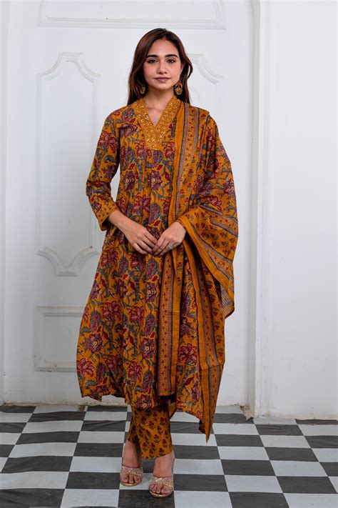 Burnt Mustard Cotton Suit Set with Embellished Neckline and Burgundy-G ...