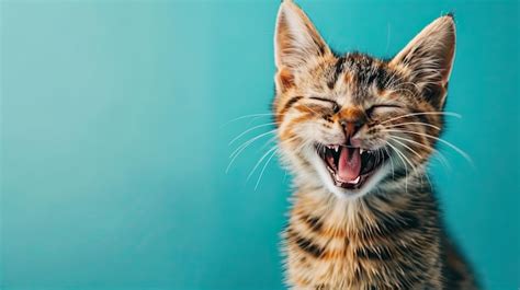 Laughing cat on plain blue background copy space | Premium AI-generated ...