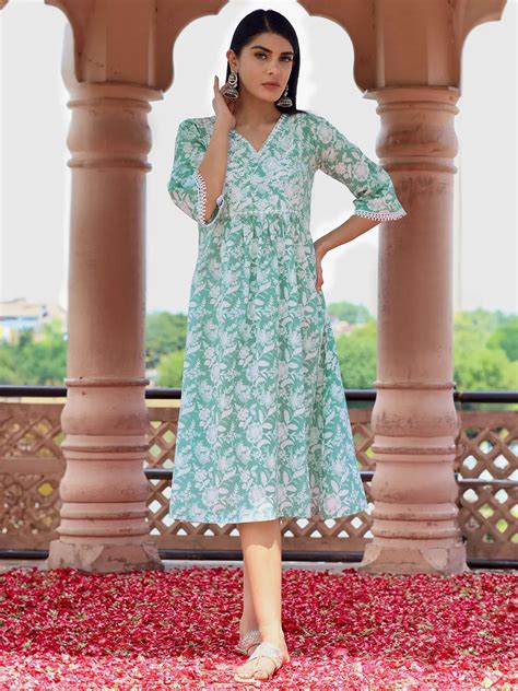 Buy Green Printed Cotton A-Line Dress Online at Rs.683 | Libas