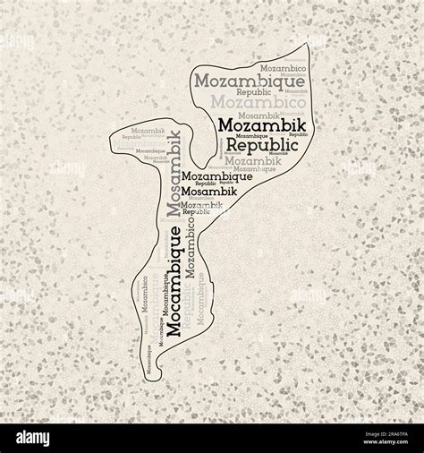 Mozambique shape with country names word cloud in multiple languages. Mozambique border map on ...