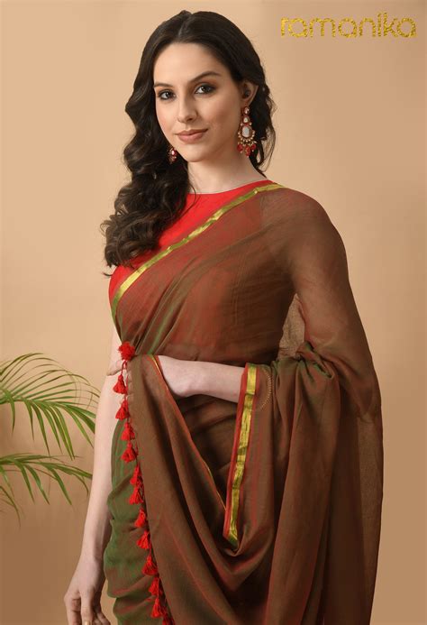 Malmal Saree with Zari Border (Green - Red) – Ramanika