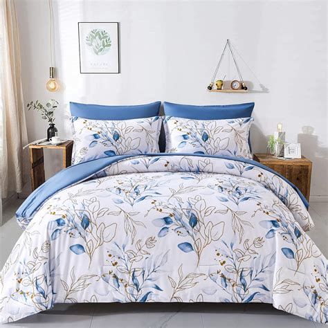 WONGS BEDDING Botanical Comforter Set Queen, 7 Pieces Floral Reversible ...