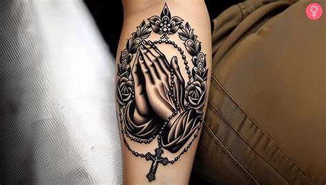 Girl Praying Hands With Rosary Beads Tattoo
