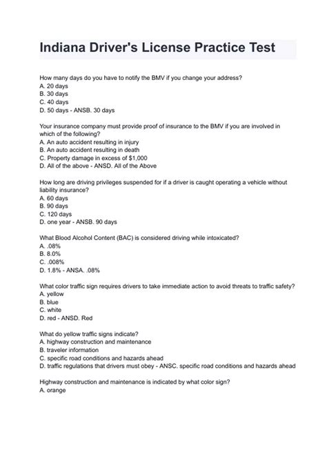 Indiana License Practice Test